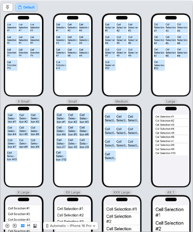 SwiftUI Previews showing the layout by size change from grid to list